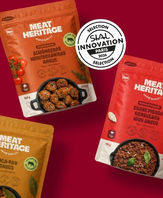 Embalagens Meat Heritage de Almôndegas Mediterrânicas Angus e Carne Picada Granulada 100% Angus, com o selo SIAL Innovation Selection Paris 2026